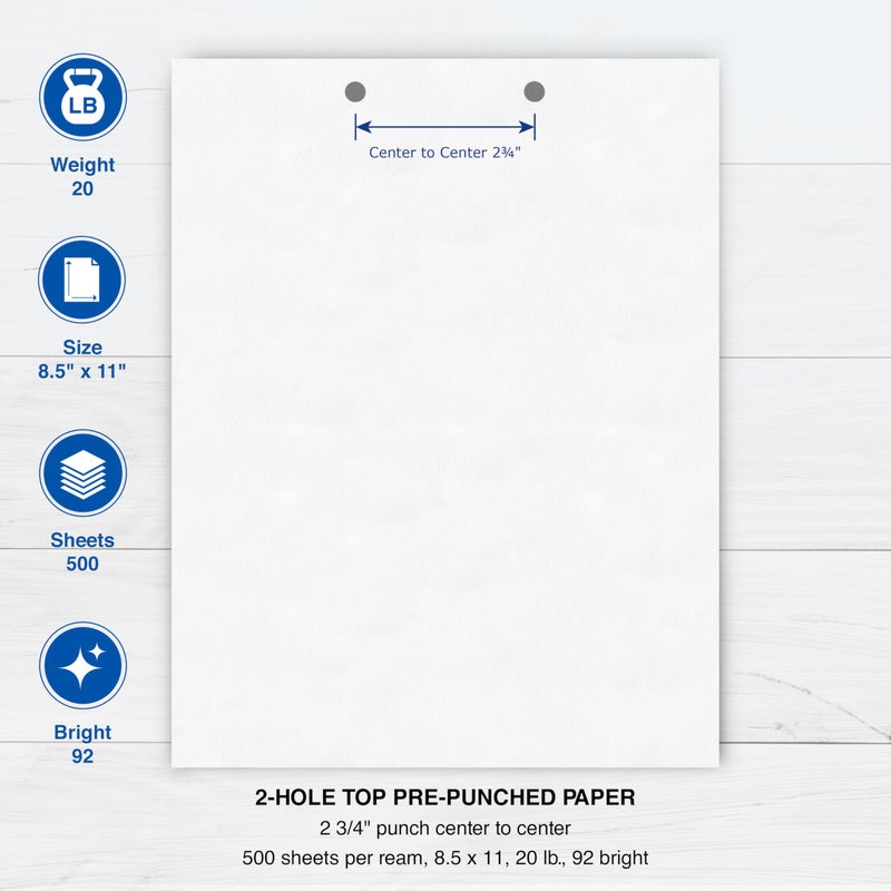 PrintWorks Professional 2 Hole Punch Top Paper - Pre-Punched for Folders, Binders, & Clipboards - Made in the USA - 500 Sheets - 8.5" x 11" - 20 lb - 92 Bright White (04110) - Image 3
